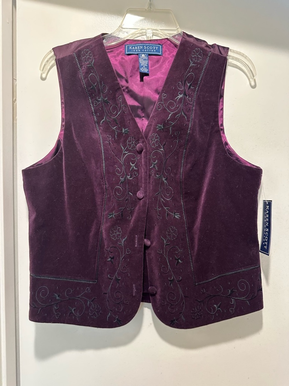 Karen Scott Cotton-Lined Vest in Plum Velvet w Embroidery Size Medium